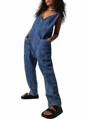 Free People We The Free High Roller Denim Jumpsuit Sapphire Blue Size Small